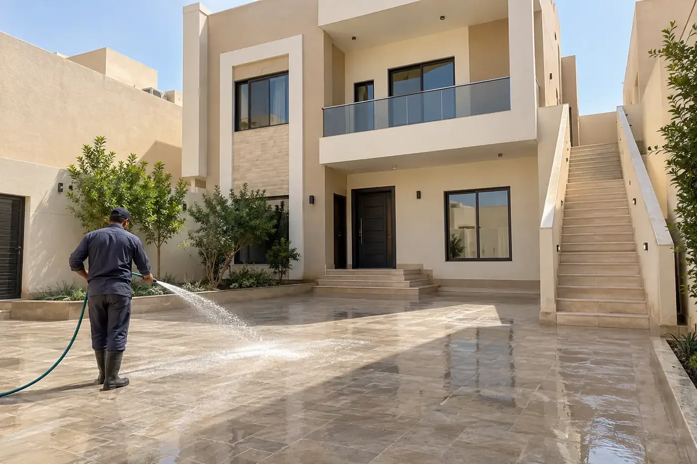 غسيل فناء ومدخل فيلا بمضخة ماء