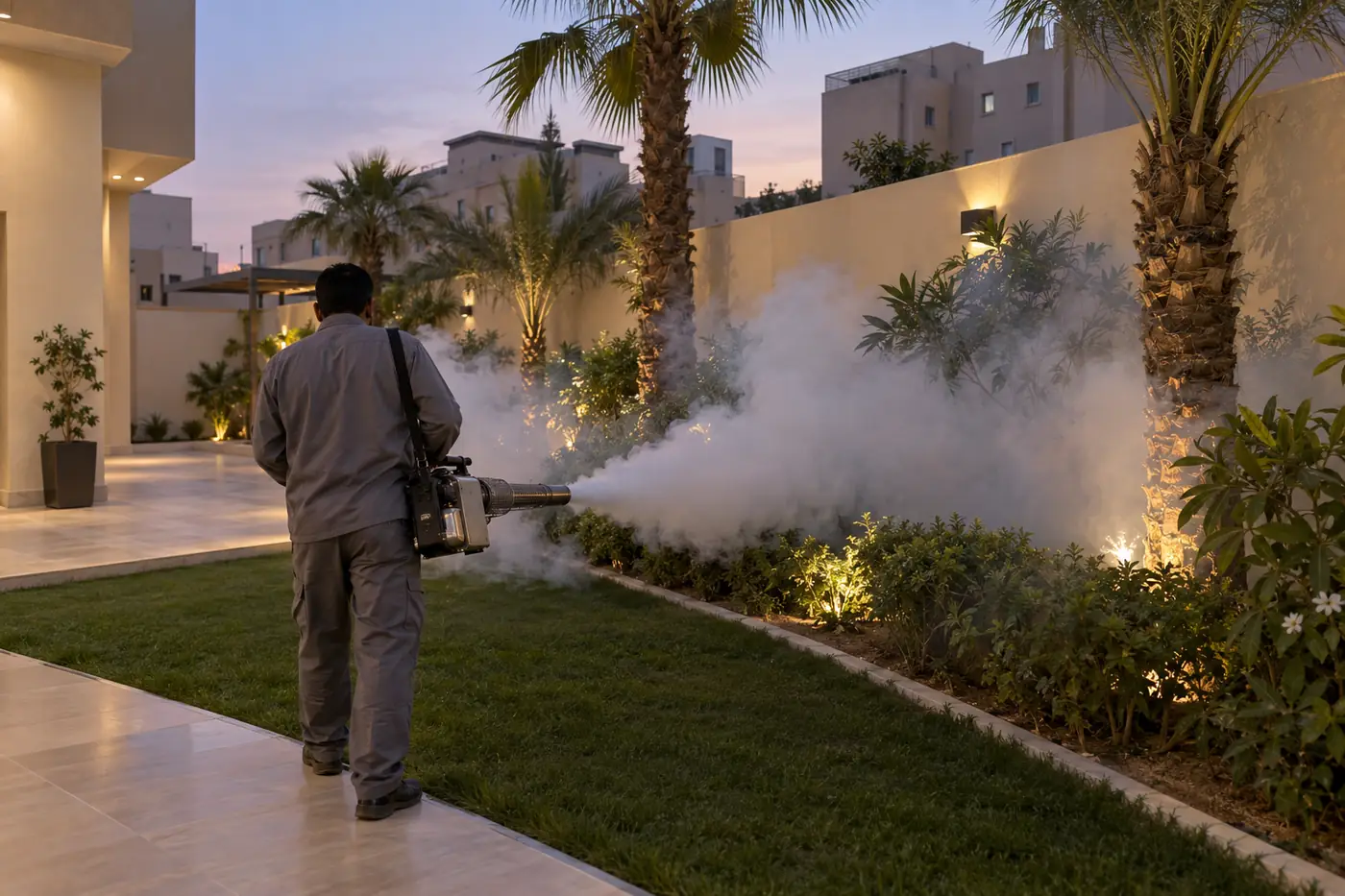 تضبيب حوش فيلا وحديقتها لمكافحة البعوض عند الغروب