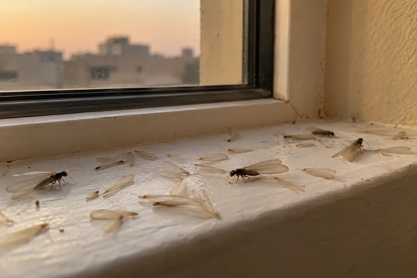 أفراد النمل الأبيض المجنح وأجنحتها المتساقطة على حافة نافذة قرب ضوء المساء